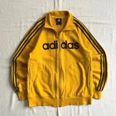 00s　archive　アーカイブ　old adidas　オールドアディダス　スウェット生地　フルジップアップ　ブルゾン　トラックジャケット　フロッキープリント　デカロゴ　袖3ライン　3 stripes　マスタードイエロー×ブラウン　L　Y2K　平成レトロ
