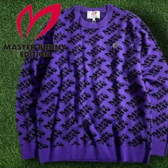 マスターバニー エディション パーリーゲイツ ゴルフ ウール混 ジャガード MBE総ロゴ 総柄 クルーネック 長袖 ニットプルオーバー セーター ゴルフウェア 758-3170005 定価3.3万 パープル ブラック ▲050▼51111w03