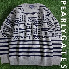 パーリーゲイツ ゴルフ 12G天竺 ウール混ジャガード WJQ ナバホ×ボーダー柄 クルーネック 長袖 ニットプルオーバー セーター ゴルフウェア 053-2270109 定価3.7万 グレー ダークネイビー  ▲041▼51111w11