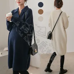 マタニティワンピースロングニットシャツワンピースマキシ丈マタニティウェアルームウェア妊婦服長袖前ボタンレディース無地秋冬 CCLTZH1113P189