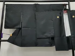 平和屋着物■極上　男性　袴下着物　紋付き羽織セット　菱地紋　黒地　洗える着物　逸品　CYAA3483s5