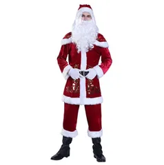 高品質 厚手 メンズ サンタクロースサンタ コスプレ (８点セット) サンタ 衣装 男性用 大人用 クリスマス 長袖ジャケット 上下セット ズボンセット フード付き サンタコスチューム 帽子 手袋 ケープ付き