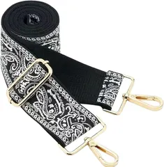 HSE金丸商店 ショルダーストラップ 刺繍 幅広 花柄 ボヘミアン チェック レオパード (ボヘミアン ブラック＆ホワイト,  幅5cm)