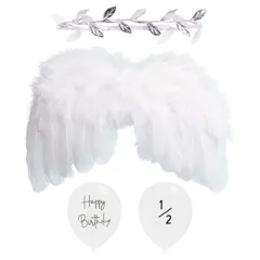 【数量限定】[BTtime] 天使の羽 赤ちゃん エンジェルセット 飾り 衣装 羽根 ヘアバンド 天使羽 ハーフバースデー バルーン 風船 寝相アート 可愛い エンジェル 舞台 写真 撮影 新生児用 (ホワイト)