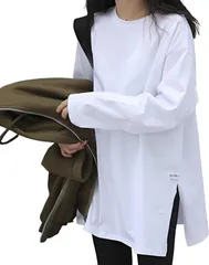 REG8（レグエイト） 長袖 Tシャツ レディース ゆったり ロンT 無地 韓国 スリット カットソー オーバーサイズ トップス 薄手 大きい 黒 白 Uネック 夏 春 秋 (ホワイト,  XL)