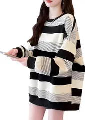 REG8（レグエイト） ボーダー Tシャツ クルーネック トレーナー レディース 長袖 大きいサイズ パーカー 春 秋 冬 薄手 オーバーサイズ おしゃれ 可愛い 韓国 体型カバー (ブラック,  M)