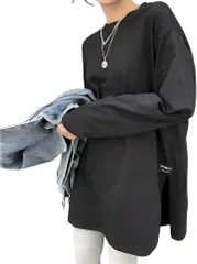 REG8（レグエイト） 長袖 Tシャツ レディース ゆったり ロンT 無地 韓国 スリット カットソー オーバーサイズ トップス 薄手 大きい 黒 白 Uネック 夏 春 秋 (ブラック,  L)