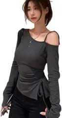 REG8（レグエイト） Y2K ワンショルダー トップス レディース 肩だし 長袖 Tシャツ カットソー スリット クロップド丈 韓国 トレンド 肩ひも アシンメトリー (グレー,  M)