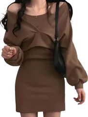 REG8（レグエイト） ニットワンピ インナー セットアップ 肩だし 韓国 カシュクール 長袖 ミニワンピ ショート丈 トップス ドレス キャミソール 上品 きれいめ Uネック (ブラウン,  L)