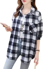 REG8（レグエイト） レディース チェックシャツ 長袖 前開き ネルシャツ ビックシルエット 綿 体型カバー 羽織り ゆったり 韓国風 カジュアル オールシーズン (ブラック/ホワイト,  M)