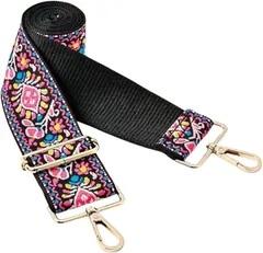 HSE金丸商店 ショルダーストラップ 刺繍 幅広 花柄 ボヘミアン チェック レオパード (ピンク＆ブルー,  幅5cm)