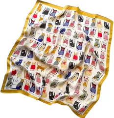 Torata 大判 きれいめ シルク調 スカーフ レディス バンダナ プレゼント 70x70cm 大判バンダナ レディース (イエロー　ネコ)