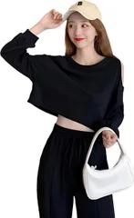 REG8（レグエイト） レディース オフソルダー トップス 肩開き Y2K ショート丈トレーナー 長袖 プルオーバー クルーネック シンプル カジュアル 無地 (ブラック,  XL)