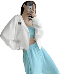 REG8（レグエイト） レディース ショート パーカー クロップド 丈 ワッフル 素材 韓国 カジュアル 羽織り ジップ アップ 無地 ジャケット (ホワイト,  L)