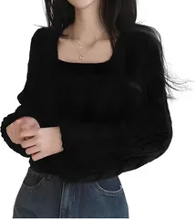 REG8（レグエイト） ニット セーター レディース スクエアネック ショート丈 トップス ケーブル編み クロップド丈 長袖 プルオーバー (ブラック,  XL)