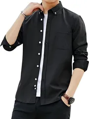 REG8（レグエイト） メンズ シャツ 長袖 ゆったり シンプル 無地 カジュアル フォーマル ボタンダウン (ブラック,  XL)