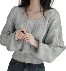 REG8（レグエイト） ニット セーター レディース スクエアネック ショート丈 トップス ケーブル編み クロップド丈 長袖 プルオーバー (グレー,  M)