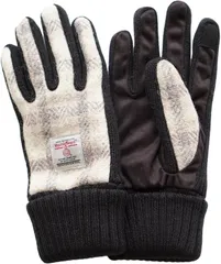 SANDAI ハリスツイード Harris Tweed レディース手袋 ぬくぬく 裏ボアつき ニットカウス フェイクスエード マチニット 五本指手袋 タッチパネル対応 ケース付 (ニット マチ ( ホワイトチェックBK ),  21－22cm)のサムネイル