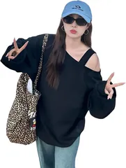 REG8（レグエイト） オフショルダー Y2K スウェット レディース ワンショルダー トップス 肩見せ 長袖 プルオーバー カジュアル 大人 かわいい 抜け感 (ブラック,  M)