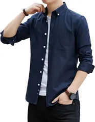 REG8（レグエイト） メンズ シャツ 長袖 ゆったり シンプル 無地 カジュアル フォーマル ボタンダウン (ネイビー,  XL)