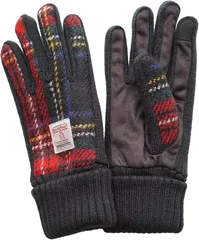 SANDAI ハリスツイード Harris Tweed レディース手袋 ぬくぬく 裏ボアつき ニットカウス フェイクスエード マチニット 五本指手袋 タッチパネル対応 ケース付 (ニット マチ( レッドチェック ),  21－22cm)のサムネイル