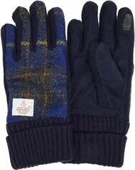SANDAI ハリスツイード Harris Tweed レディース手袋 裏ボアつき ニットカウス フェイクスエード マチニット 五本指手袋 タッチパネル対応 ケース付 ブルーチェック (ニット マチ ( ブルーチェック ),  21－22cm)のサムネイル