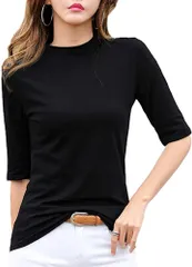 Haberry(ハベリィ) 五分袖 Tシャツ ハイネック カットソー 半袖 トップス 無地 インナー レディース (ブラック,  2XL)