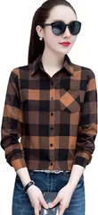 REG8（レグエイト） レディース チェックシャツ 長袖 前開き ネルシャツ ビックシルエット 綿 体型カバー 羽織り ゆったり 韓国風 カジュアル オールシーズン (ブラウン/ブラック,  M)