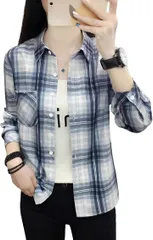 REG8（レグエイト） レディース チェックシャツ 長袖 前開き ネルシャツ ビックシルエット 綿 体型カバー 羽織り ゆったり 韓国風 カジュアル オールシーズン (ブルー/ホワイト,  L)