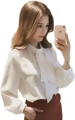 REG8（レグエイト） ボウタイブラウス レディース 長袖 シフォン素材 シャツ スカーフタイ風 リボン付き トップス 春 秋 通勤 オフィスカジュアル きれいめ 着痩せ フォーマル シンプル 無地 おしゃれ (ホワイト,  M)