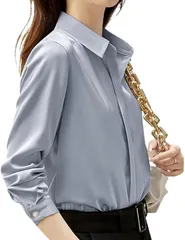 グリーンパキラ レディース ブラウス 長袖 きれいめ トップス シャツ 春 秋 冬 シャツブラウス スーツ インナー 襟付き Vネック 大きいサイズ オフィス 事務服 通勤 おしゃれ シンプル 無地 (ブルーグレー,  M)