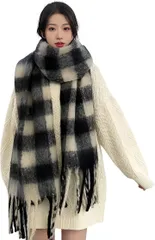 REG8（レグエイト） マフラー レディース 厚手 チェック柄 ストール 大判 秋 冬 肩掛け 巻き物 防寒 暖かい 羽織り (ブラック/ホワイト,  特大)