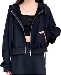 REG8（レグエイト） ショート丈 パーカー レディース トップス へそ出し 長袖 スウェット フード 無地 アウター カジュアル 春 秋 冬 (ブラック,  M)