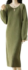グリーンパキラ きれいめ ワンピース レディース 秋冬 ニットワンピース 長袖 リブニット プルオーバー あったか フリーサイズ 上品 襟なし ロング ミモレ丈 カジュアル (カーキ,  Free Size)