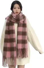 REG8（レグエイト） マフラー レディース 厚手 チェック柄 ストール 大判 秋 冬 肩掛け 巻き物 防寒 暖かい 羽織り (ピンク/ブラウン,  特大)