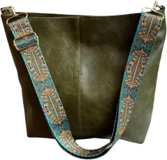 PIENSE レディース バッグ ボヘミアン エスニック ホーボーバック 大容量 PUレザー 斜め掛け 2WAY ショルダー トート (カーキ)