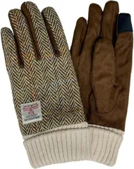 SANDAI ハリスツイード Harris Tweed レディース手袋 ぬくぬく 裏ボアつき ニットカウス フェイクスエード マチニット 五本指手袋 タッチパネル対応 ケース付 (マチなし（ブラウン）,  21－22cm)のサムネイル
