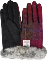 Sleeping Sheep(スリーピング シープ) Harris Tweed レディース ファー付き 裏起毛 ニット生地 コンビ ハリスツイード手袋 ケース付き (ピンクチェック(SD2004-PC),  21cm（日本サイズS-M))のサムネイル