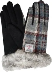 Sleeping Sheep(スリーピング シープ) Harris Tweed レディース ファー付き 裏起毛 ニット生地 コンビ ハリスツイード手袋 (グレーチェック(SD2004-GrayWine),  21cm（日本サイズS-M))のサムネイル
