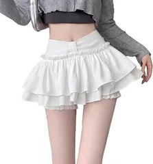 SLOW＆MELLOW ミニ フリルスカート インナーパンツ 付き ティアード レディース ミニスカ Aライン 衣装 ダンス 可愛い ハイウエスト ウエストゴム スカパン ペチコート ペチパン 韓国 大人 カジュアル (ホワイト,  M)