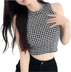 BEYANE ショート丈 トップス リブ レディース ダンス 衣装 へそ出し タンクトップ ノースリーブ ファッション キャバドレス (千鳥格子,  Free Size)