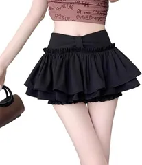 SLOW＆MELLOW ミニ フリルスカート インナーパンツ 付き ティアード レディース ミニスカ Aライン 衣装 ダンス 可愛い ハイウエスト ウエストゴム スカパン ペチコート ペチパン 韓国 大人 カジュアル (ブラック,  M)