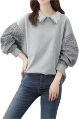 BEYANE レディース トレーナー 秋冬 可愛い ポワン袖 チェック 韓国 襟付き 首元 レース 異素材 ドッキング カジュアル ファッション ボリューム袖 オーバーサイズ 高身長 トップス 切り替え ゆったり ロングスリーブ (グレー,  M)