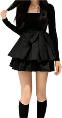 BEYANE 地雷系 フレアスカート ミニワンピース リボン フリル レディース 長袖 ファッション ミニスカート ウエストリボン 可愛い 姫系 ゴスロリ ハロウィン コスプレ aライン 体型カバー (ブラック,  M)