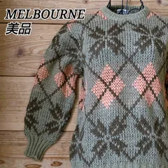 美品⭐️ メルボルン MELBOURNE ニット セーター アーガイル柄 ノルディック風 レトロ ヴィンテージ ビンテージ vintage 古着 秋冬 Mサイズ カーキ オレンジ ノルディック ユニセックス ウール混
