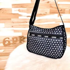 【レスポートサック】ハート 総柄 プリント ショルダーバッグ モノトーン 黒×白 軽量ナイロン ブラック×ホワイト ミニハート