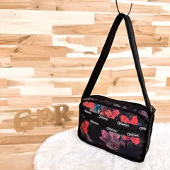 美品【レスポートサック】スクエア フラワー プリント ショルダーバッグ 花柄 黒ブラック 軽量ナイロン 斜めがけ クロスボディ