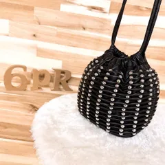 廃番【ザラ】ボール スタッズ レザー 巾着 ショルダーバッグ 黒ブラック×銀シルバー ギャザー