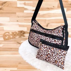 【レスポートサック】レオパード ショルダーバッグ 豹ヒョウ柄 ポーチ付き 黒×茶 斜めがけ クロスボディ 軽量ナイロン アニマル