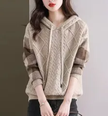 ケーブル編みボーダー袖フード付きニット レディース ニット パーカー ケーブル編み ストライプ袖 長袖 体型カバー カジュアル 春 秋 冬 20代 30代 40代 50代  1339